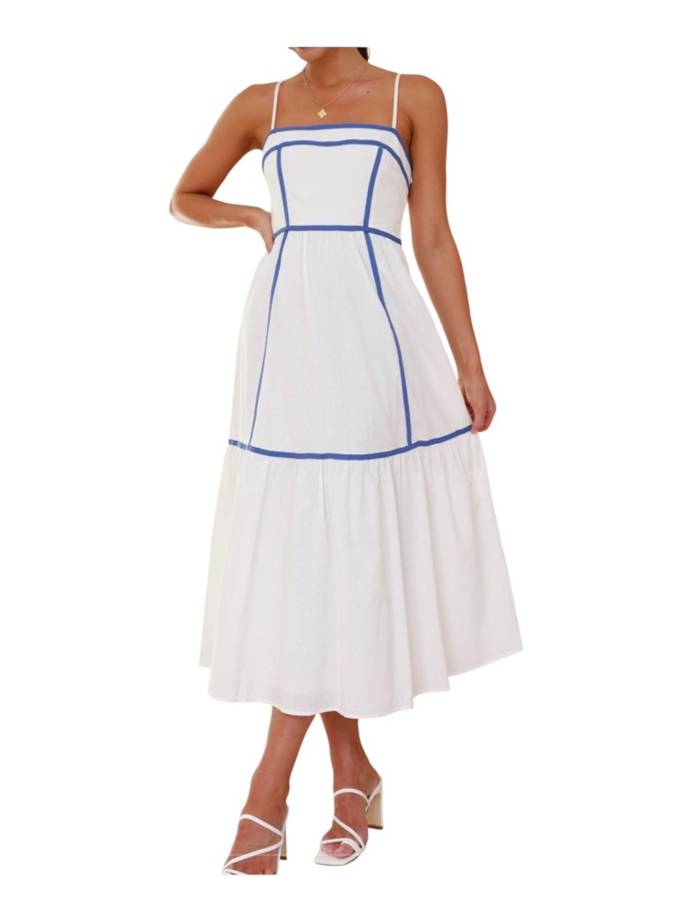 White Midi Dress with Blue Contrast Piping- XL